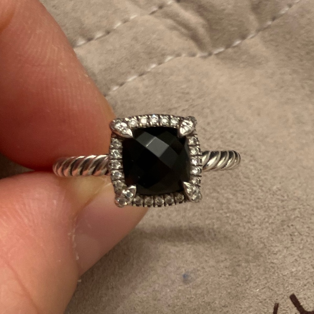 David Yurman petite chatelaine pave bezel black onyx and diamonds ring size 6